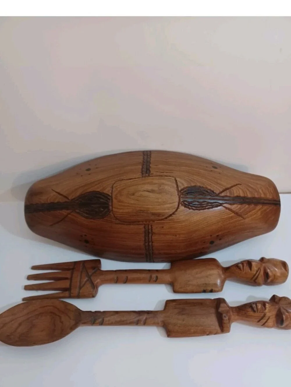 Hand-Carved Wooden Salad Bowl Set in Natural Brown